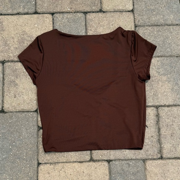 SWS Contour Women's Large Chocolate Brown T-Shirt Solid Ruched Tee - Picture 3 of 4